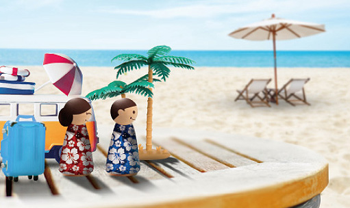 一對夫婦在海灘度假的圖畫。